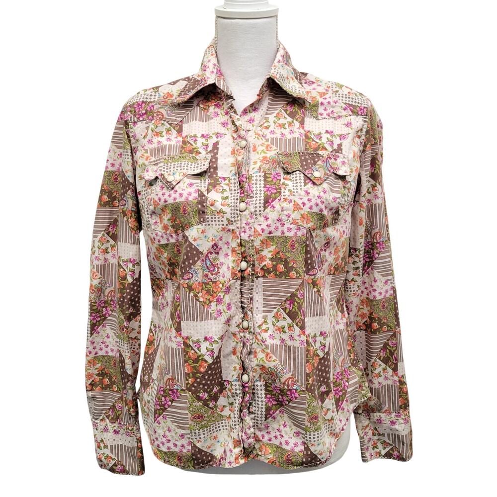 Lucky Brand Patchwork Floral Button-Down Shirt in Pink, Brown, Green